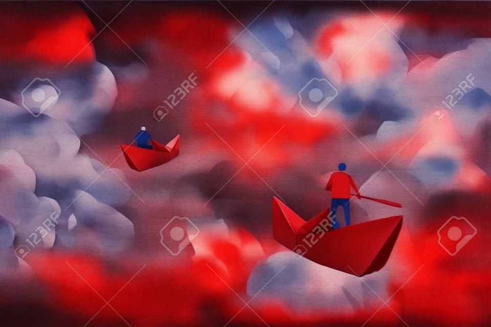男人在折纸红纸船漂浮在多云天空插画画