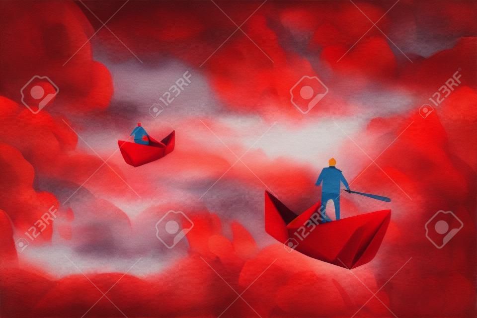 mannen op origami rood papier boten drijven in de bewolkte lucht, illustratie schilderij