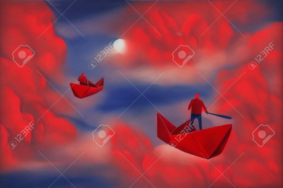 mannen op origami rood papier boten drijven in de bewolkte lucht, illustratie schilderij