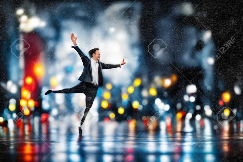 felice l'uomo che danza su strada bagnata con sfondo bokeh, illustrazione pittura