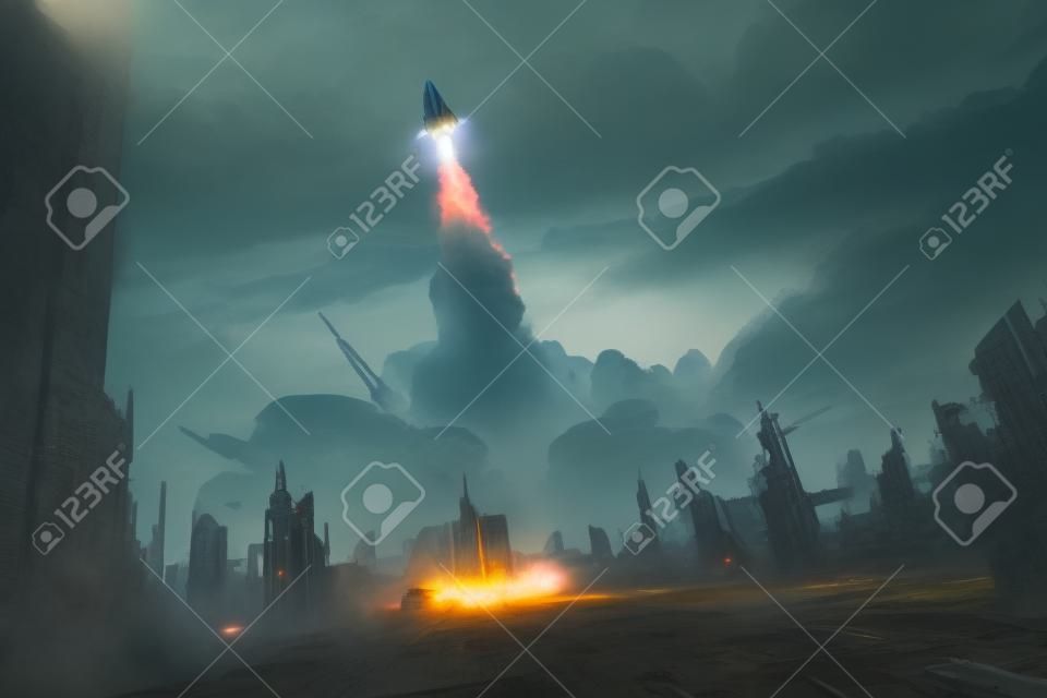 rocket launch take off from an abandoned city,sci-fi concept,illustration painting