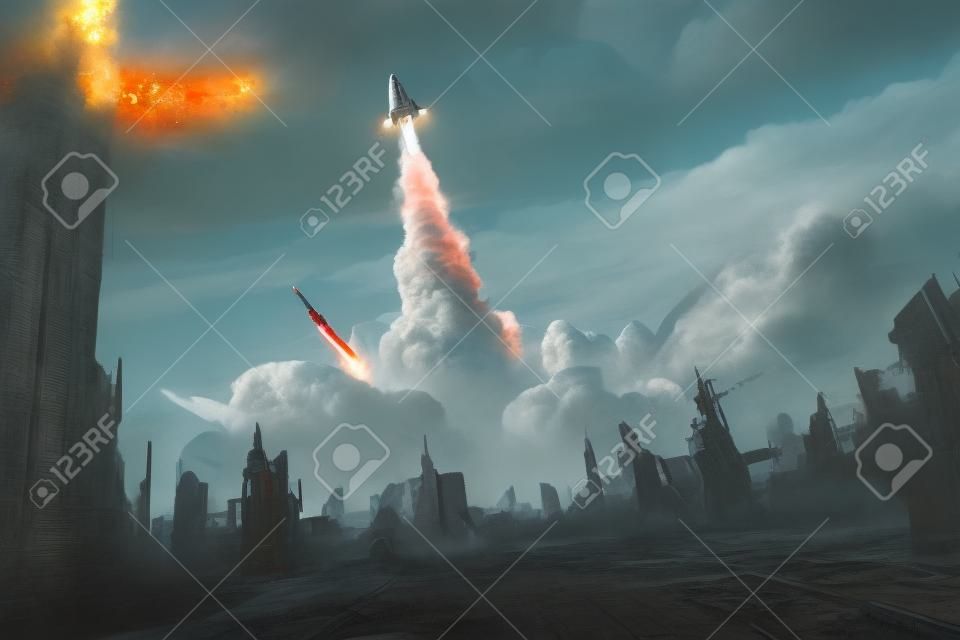 lancio di un razzo decollare da una città abbandonata, il concetto di fantascienza, illustrazione pittura