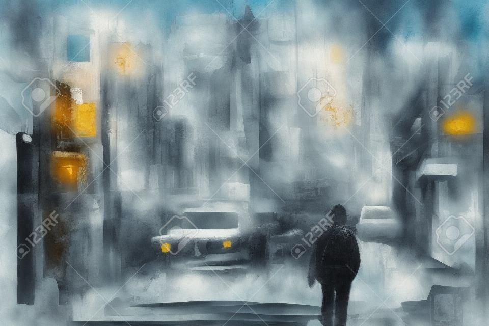 man lopen in de stad straat met abtract schilderen textuur, illustratie kunst