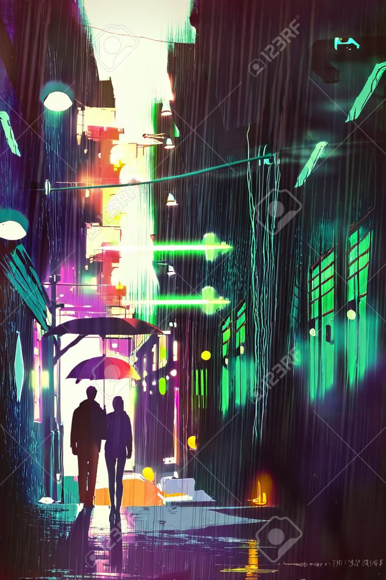Научно-фантастическая концепция пары, идущей в переулке в дождливую ночь с цифровым художественным стилем, иллюстрации