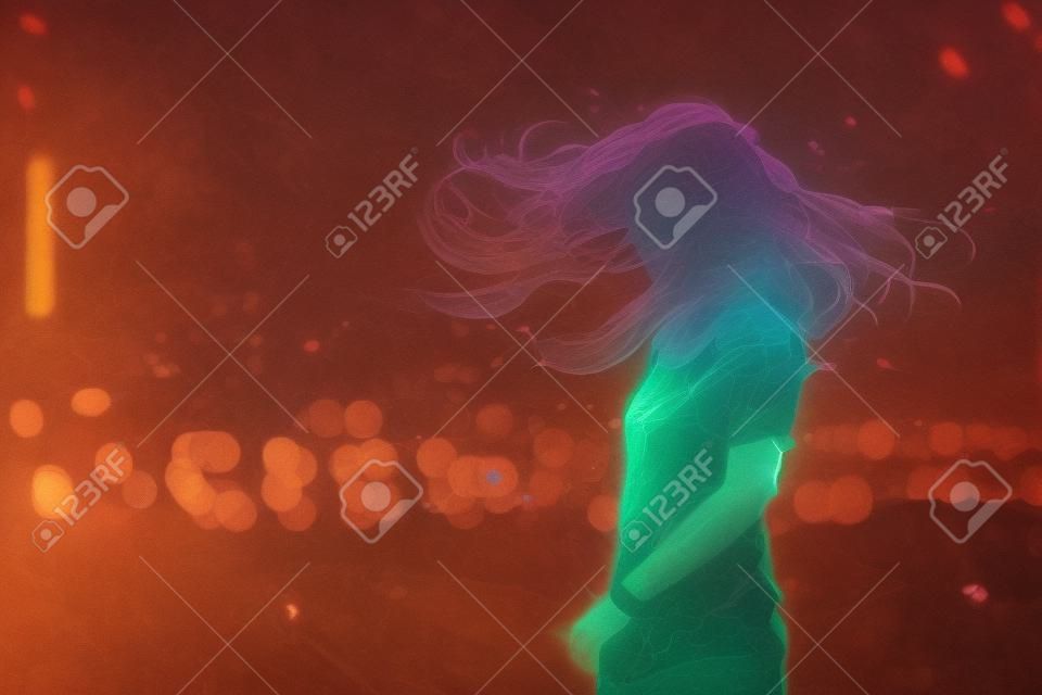 Scène de femme avec effet fissuré sur son corps contre les lumières defocused, style d'art numérique, peinture d'illustration
