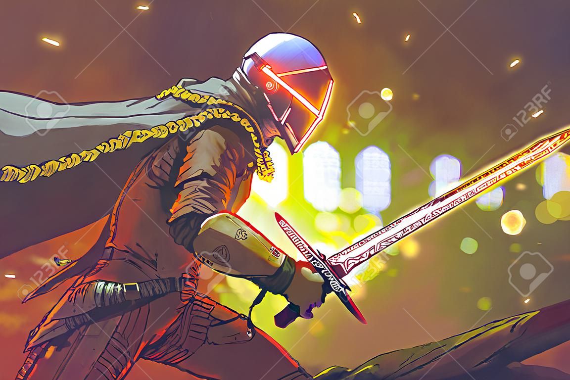 carattere fantascientifico di astro-cavaliere in armatura futuristica che tiene spada magica, stile arte digitale, pittura illustrazione
