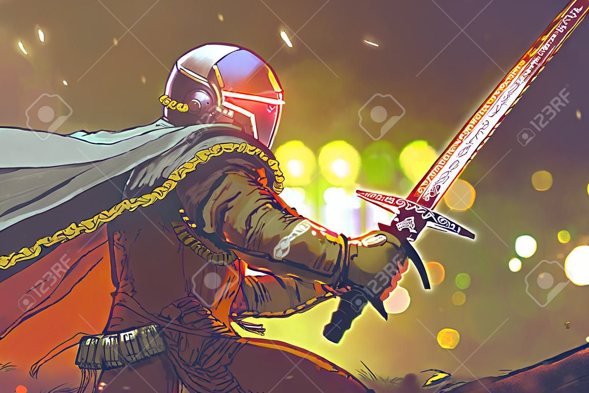 personnage de science-fiction d'astro-chevalier en armure futuriste tenant épée magique, style d'art numérique, peinture d'illustration