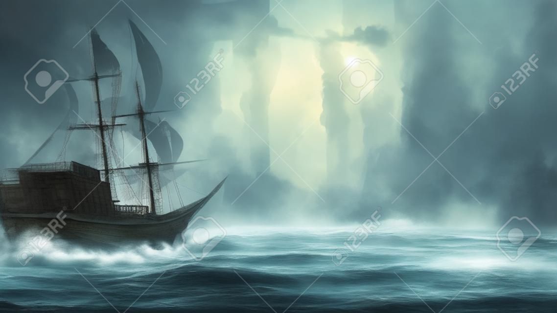 sailing ship on wave of ocean into abandoned city, digital art style, illustration painting