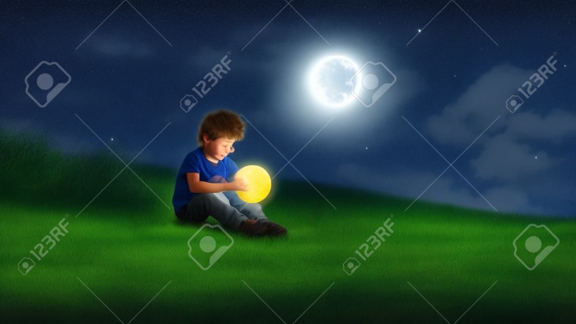 night scene showing young boy with a little moon in his hands sitting on meadow, digital art style, illustration painting