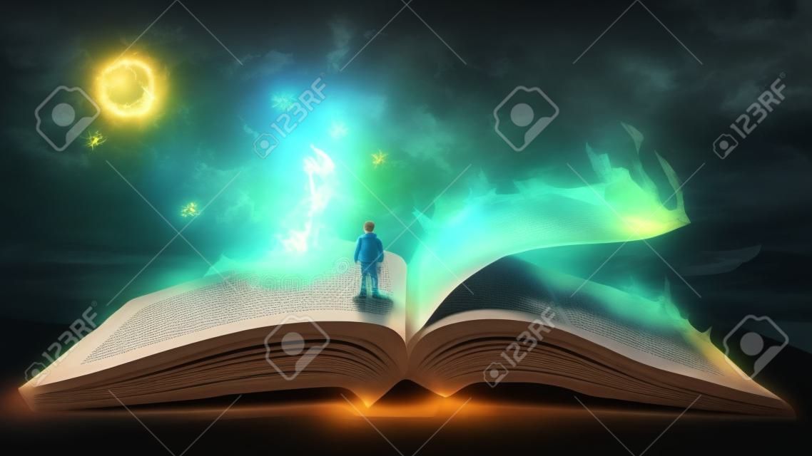 Мальчик, стоящий на раскрытой гигантской книге с фэнтезийным светом, стиль цифрового искусства, иллюстрация живописи