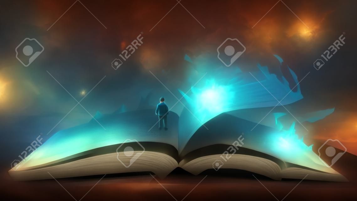 Garçon debout sur le livre géant ouvert avec lumière fantastique, style d'art numérique, peinture d'illustration