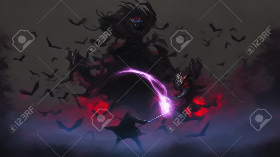 Escena de lucha del hombre con bastón de mago mágico y el diablo de los cuervos, estilo de arte digital, pintura de ilustración