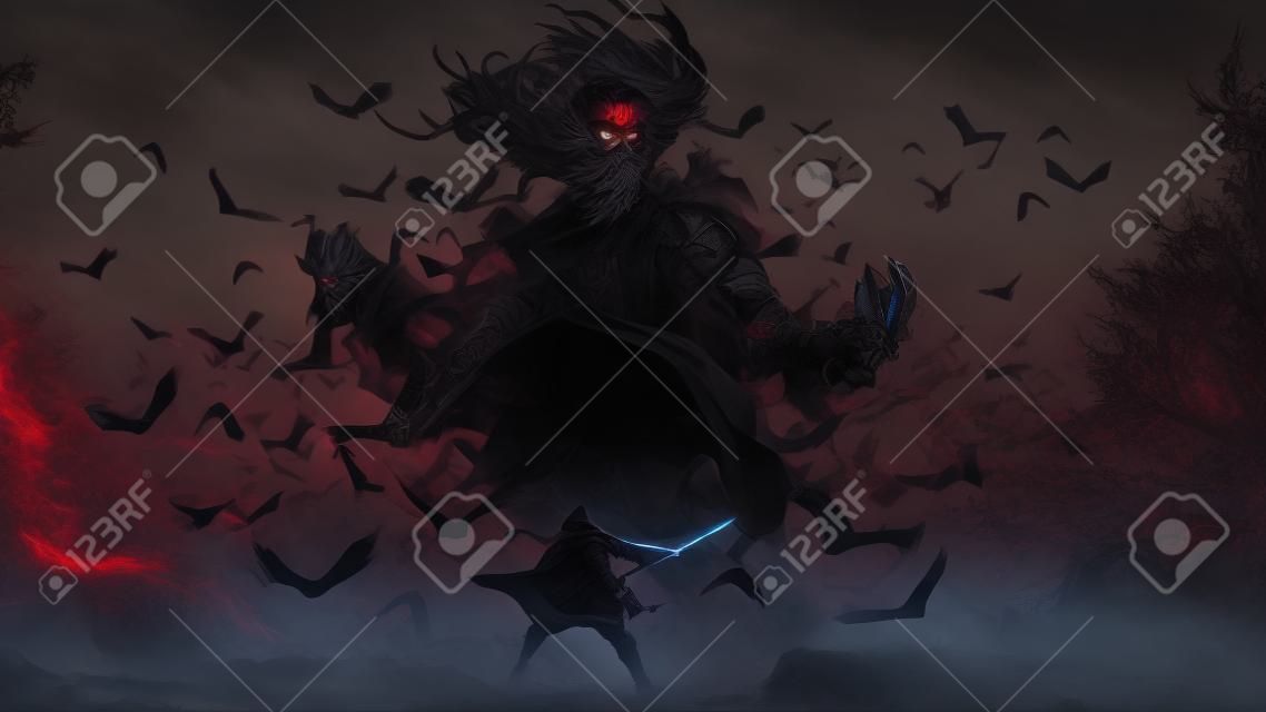 scène de combat de l'homme avec le personnel du sorcier magique et le diable des corbeaux, style art numérique, peinture d'illustration