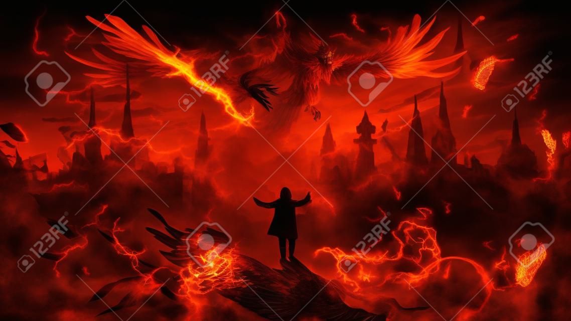 Wizard summoning the phoenix from hell, digital art style