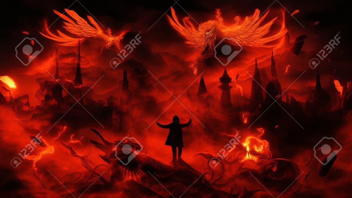 Wizard summoning the phoenix from hell, digital art style