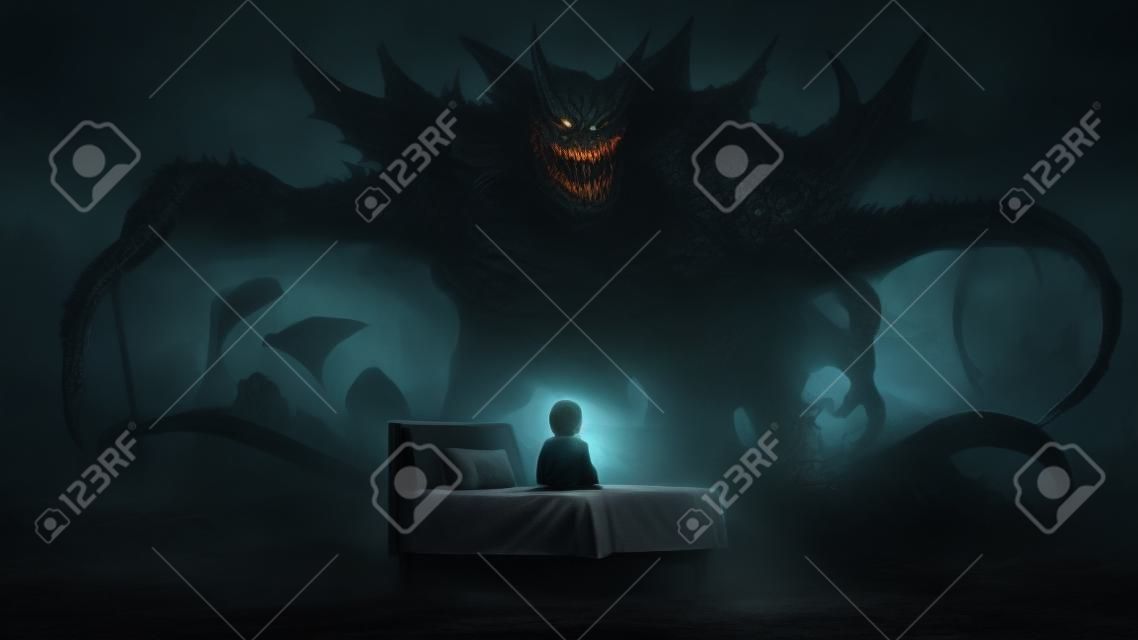 Conceito do pesadelo que mostra um menino na cama que enfrenta o monstro gigante na terra escura