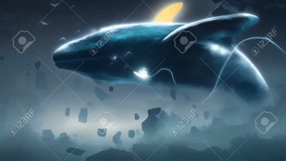 astronaut floating near the fantasy whale that jumping out of the rock, digital art style, illustration painting