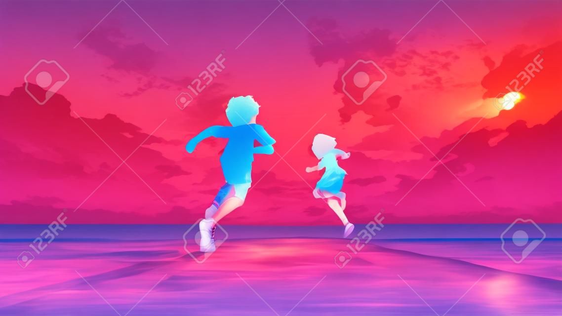 Junge und Mädchen, die am Strand laufen, um den Sonnenaufgang am Horizont zu sehen, digitaler Kunststil, Illustrationsmalerei