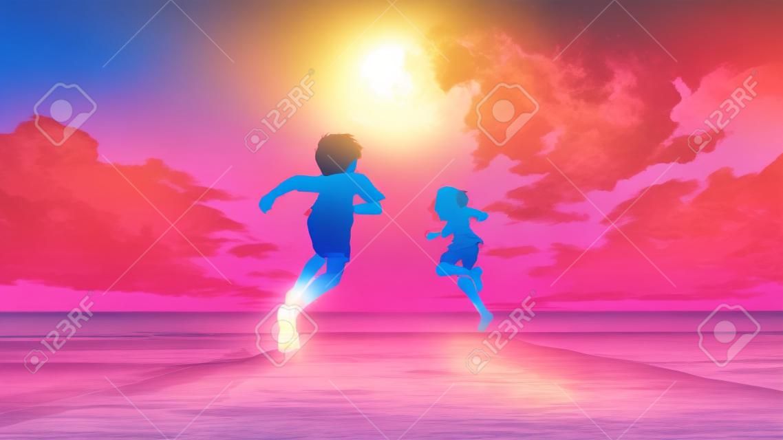 Junge und Mädchen, die am Strand laufen, um den Sonnenaufgang am Horizont zu sehen, digitaler Kunststil, Illustrationsmalerei