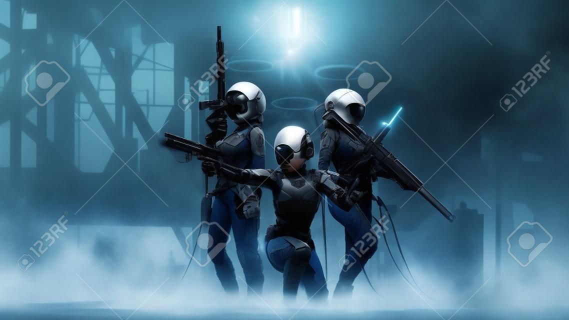 Trzy futurystyczne kobiety-żołnierki z zaawansowaną technologicznie bronią przygotowują się do walki