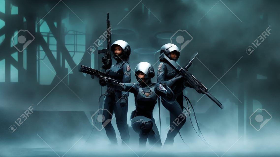 Trzy futurystyczne kobiety-żołnierki z zaawansowaną technologicznie bronią przygotowują się do walki