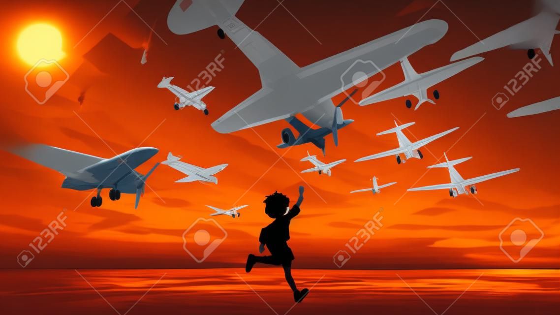 el niño juega aviones de papel y mira aviones que vuelan en el cielo del atardecer, estilo de arte digital, pintura de ilustración