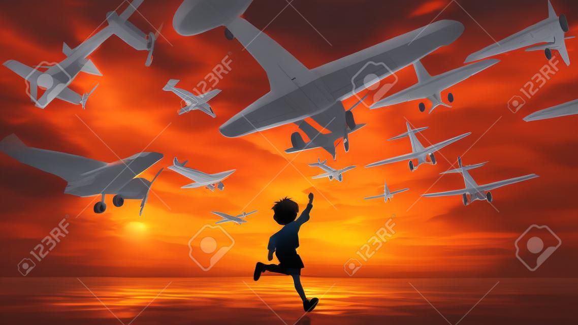 Chłopiec bawi się papierowymi samolotami i patrzy na samoloty lecące na niebie o zachodzie słońca, cyfrowy styl artystyczny, malarstwo ilustracyjne