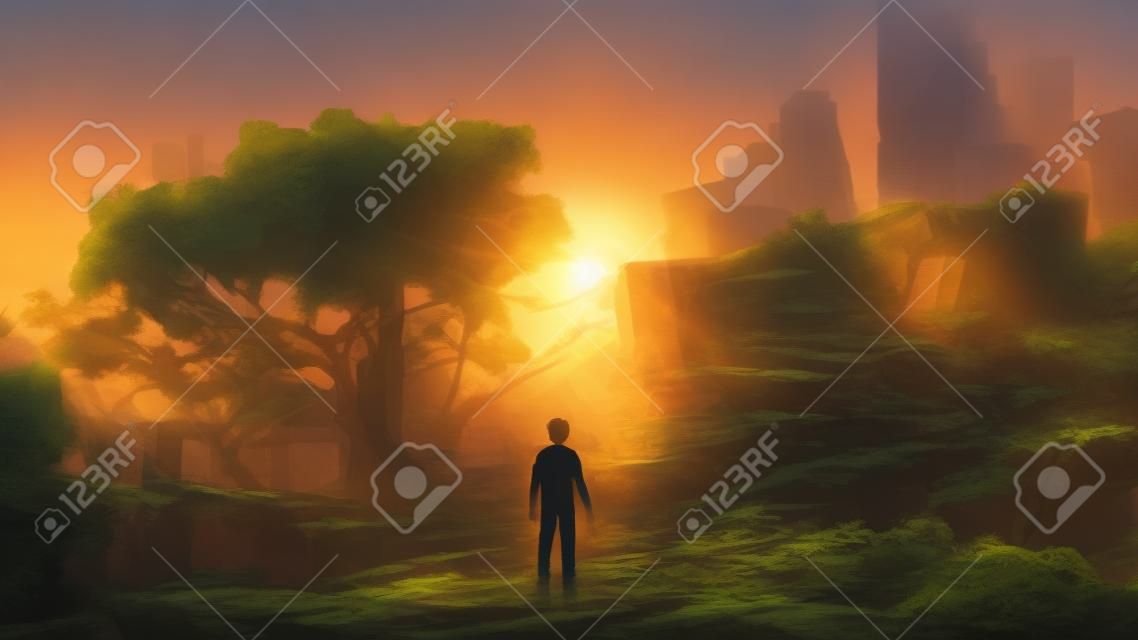 Młody mężczyzna stojący w zarośniętym mieście o zachodzie słońca, cyfrowy styl sztuki, malarstwo ilustracyjne