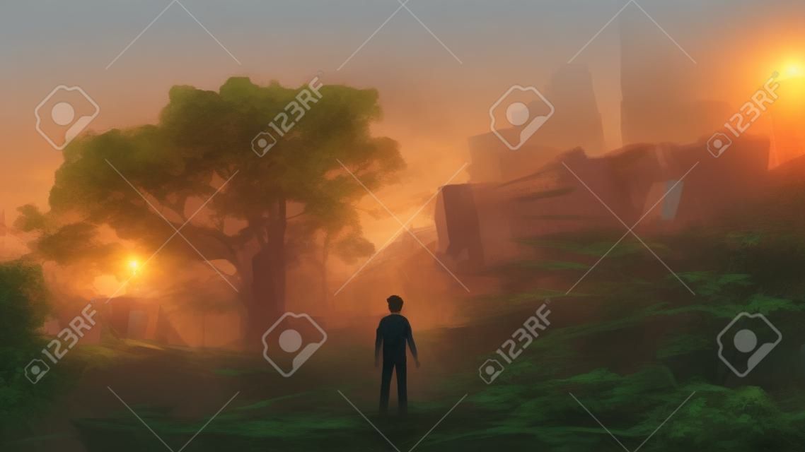 Młody mężczyzna stojący w zarośniętym mieście o zachodzie słońca, cyfrowy styl sztuki, malarstwo ilustracyjne