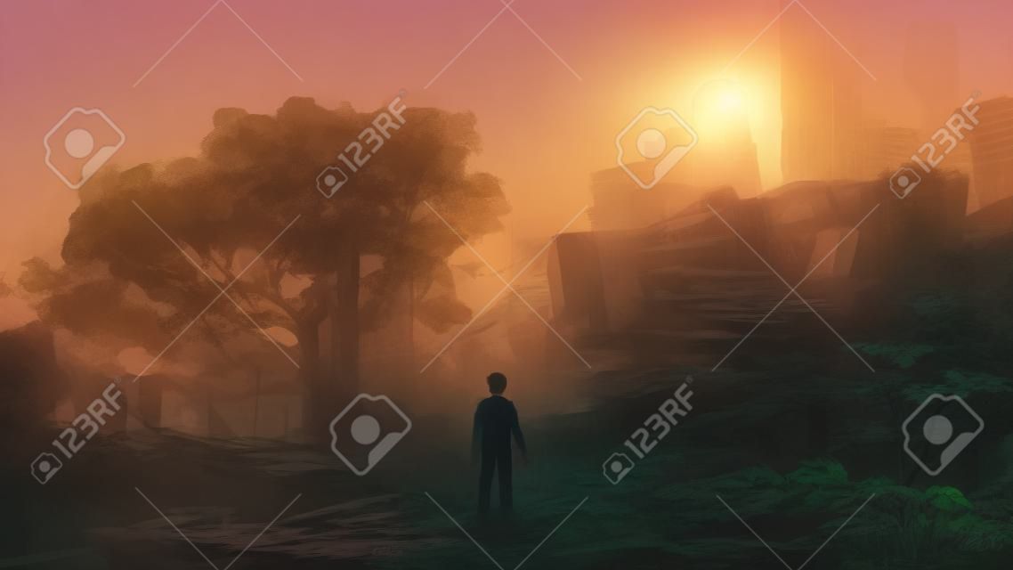 giovane uomo in piedi nella città invasa al tramonto, stile arte digitale, pittura illustrativa