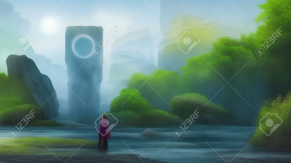 donna in piedi sul torrente guardando la roccia misteriosa che galleggia a mezz'aria, stile arte digitale, pittura illustrativa