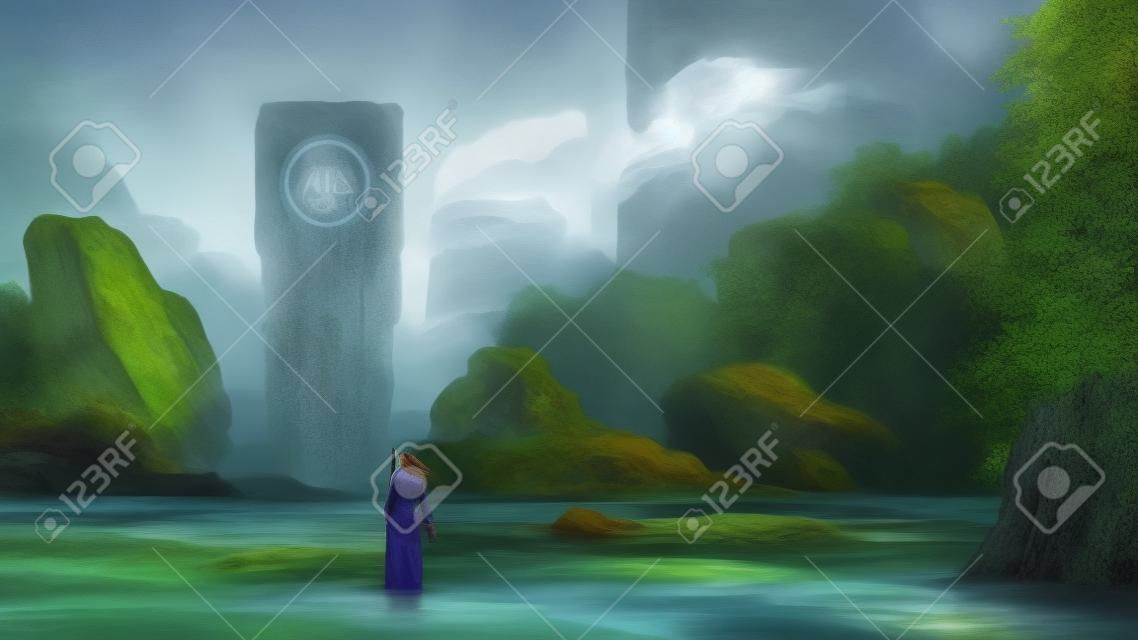 Frau, die auf einem Bach steht und den mysteriösen Felsen betrachtet, der in der Luft schwebt, digitaler Kunststil, Illustrationsmalerei