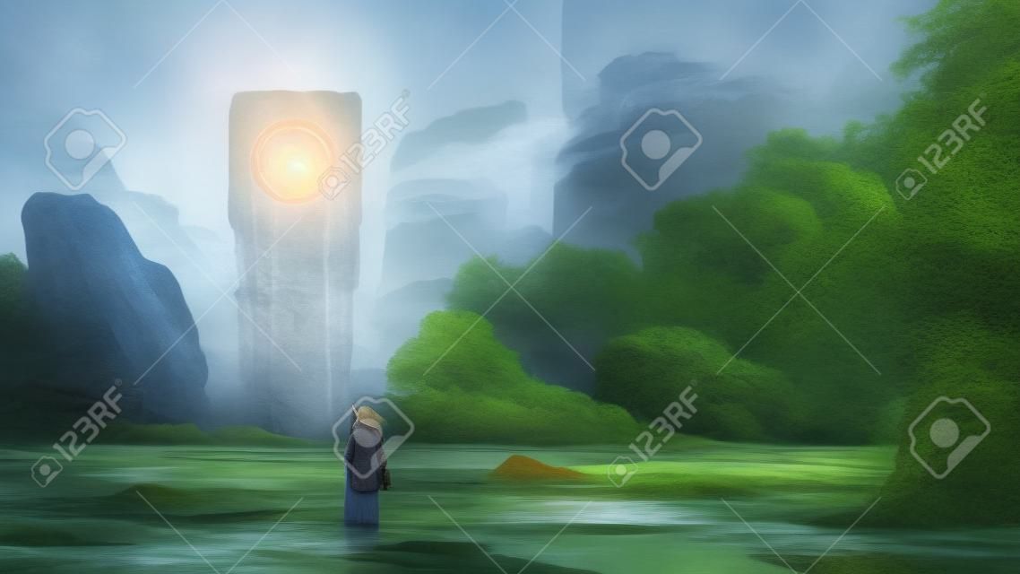 woman standing on creek looking at the mystery rock floating in midair, digital art style, illustration painting