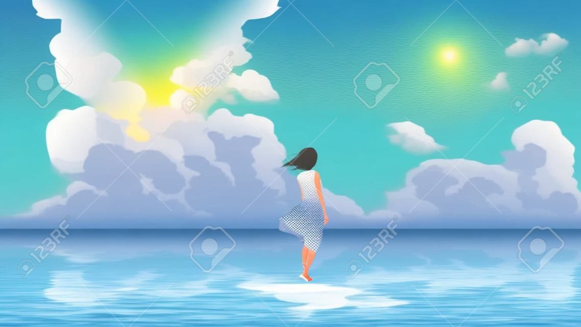 femme debout sur la mer en regardant le ciel d'été, illustration vectorielle