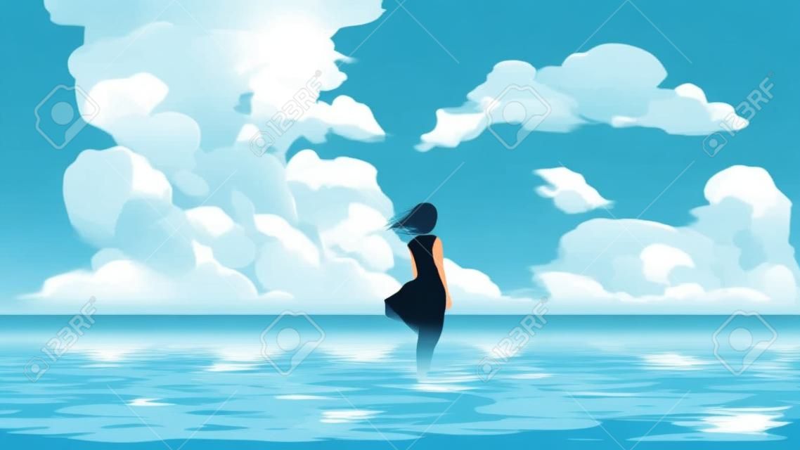 vrouw staand op de zee kijkend naar de zomer lucht, vector illustratie