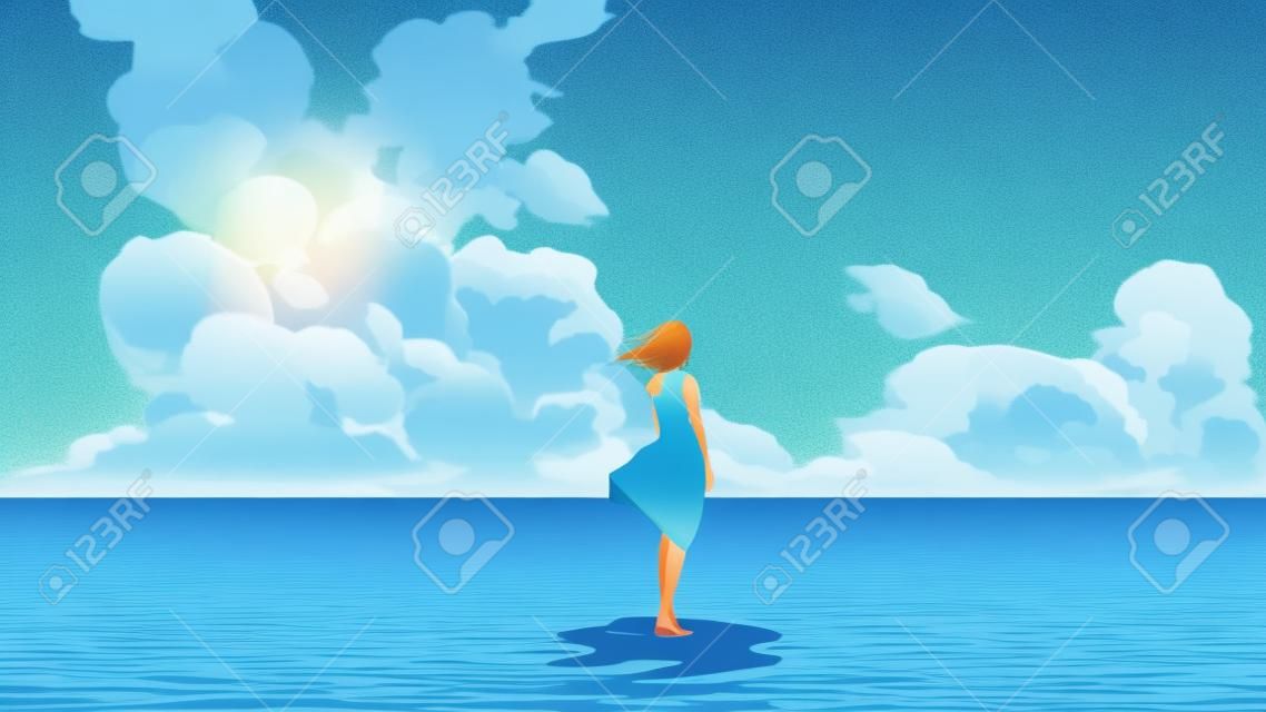 Kobieta stojąca nad morzem patrząca na letnie niebo, ilustracja wektora