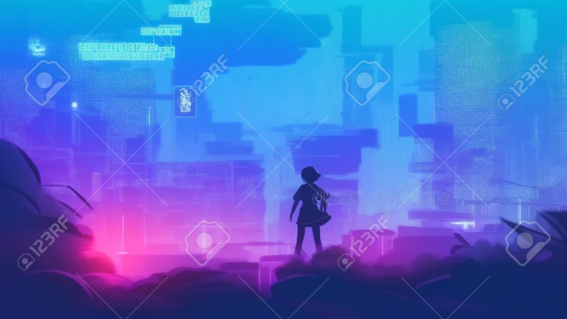 young girl standing and looking at the cyberpunk city, vector illustration