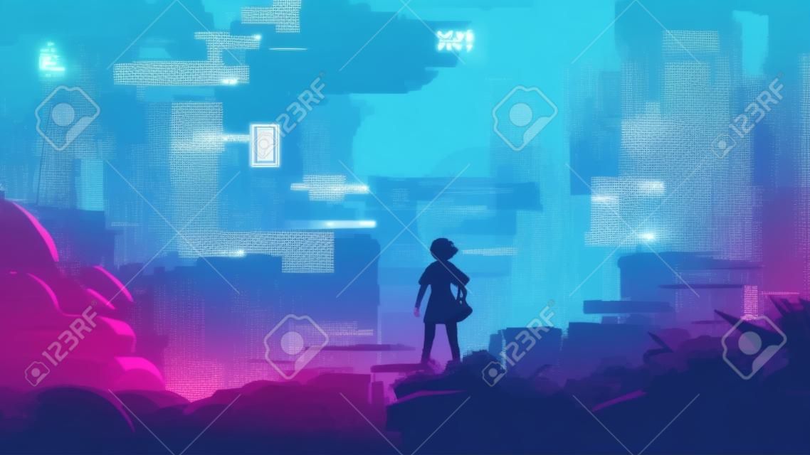 Młoda dziewczyna stojąca i patrząca na miasto cyberpunk, ilustracja wektora