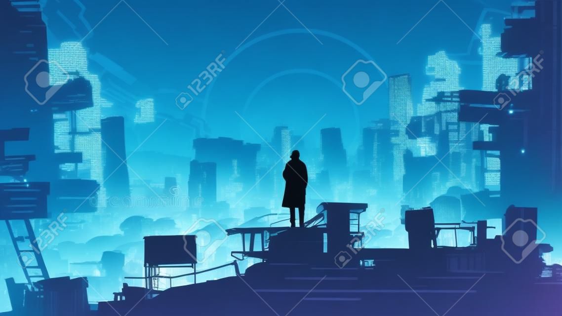 디스토피아 도시에 있는 남자가 먼 빛의 원, 벡터 삽화를 보고 건물 위에 서 있습니다.