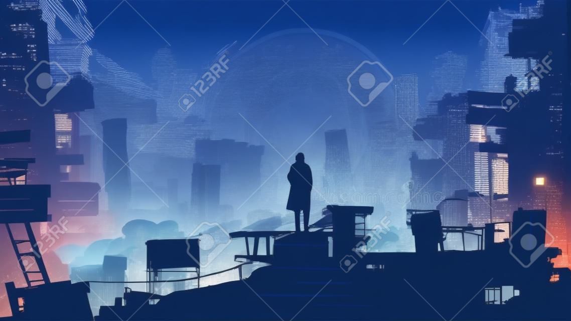 Człowiek w dystopijnym mieście stojący na budynku, patrzący na odległe lekkie kręgi, ilustracja wektora