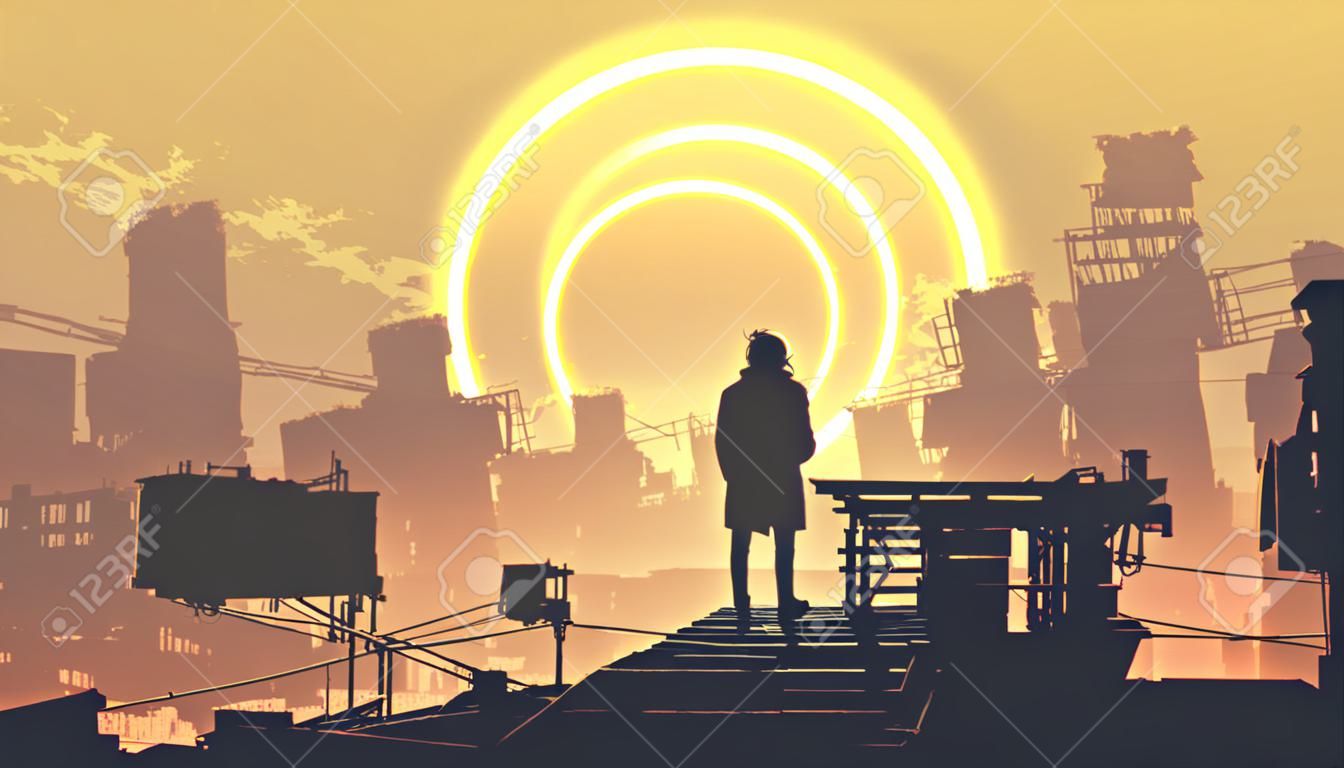 遠くの光の円、ベクトル図を見て建物の上に立っているディストピアの街の男