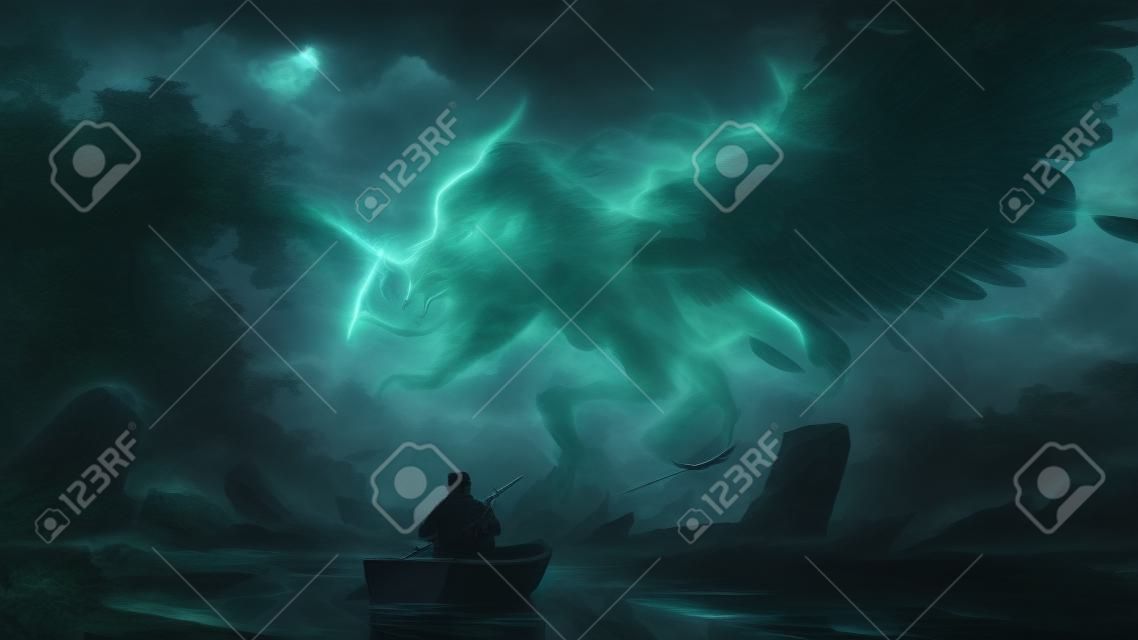 homme sur un bateau face à un ange légendaire dans la forêt sombre, style d'art numérique, peinture d'illustration
