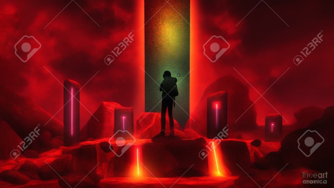 Człowiek stojący przy świętych kamieniach i patrzący na czerwone światło przed nim, styl sztuki cyfrowej, malarstwo ilustracyjne