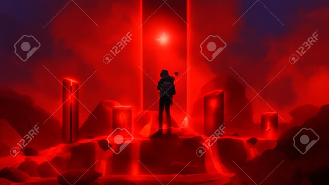 homem de pé nas pedras sagradas e olhando para a luz vermelha na frente dele, estilo de arte digital, ilustração pintura