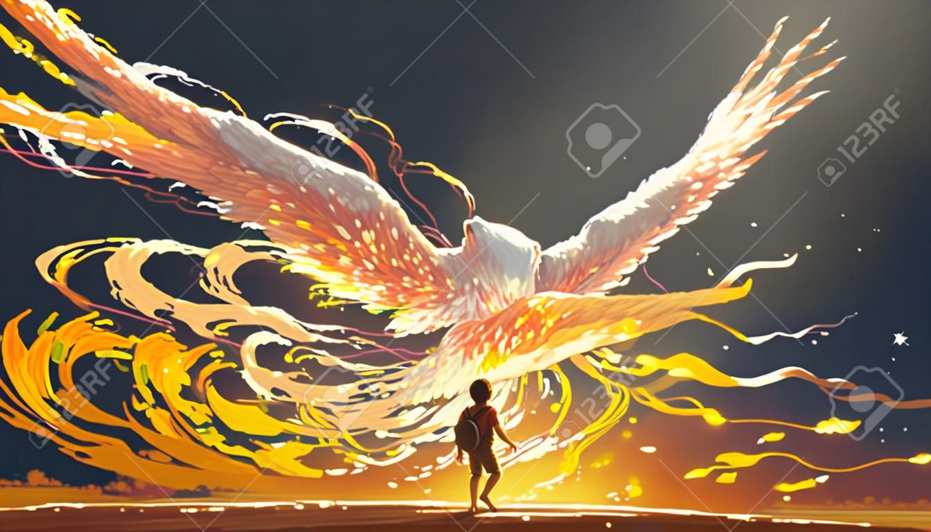 Das Kind, das den Phönixvogel betrachtet, der über ihm fliegt, digitaler Kunststil, Illustrationsmalerei