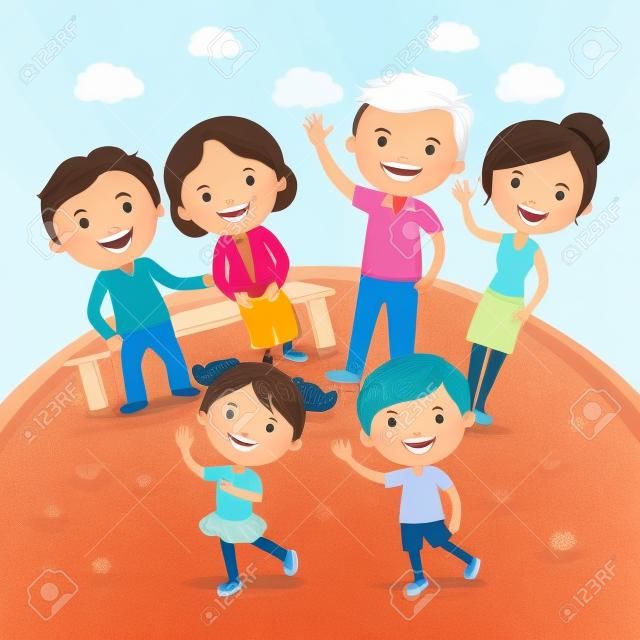 Семья; Счастливый Семейный портрет родителей, бабушек и дедушек и детей оказывают мероприятия на свежем воздухе