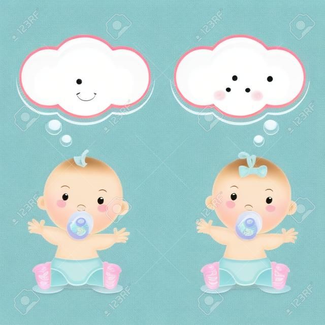 Küçük erkek bebek ve kız bebek. Emzik ve düşünce kabarcıkları ile sevimli bebekler.