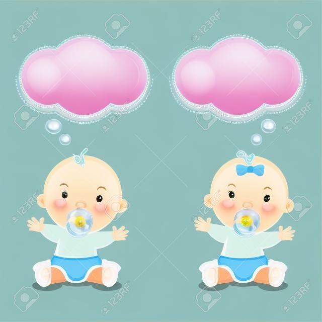 小さな男の子の赤ちゃんと女の子の赤ちゃん。おしゃぶりと思考の泡のかわいい赤ちゃんたち。