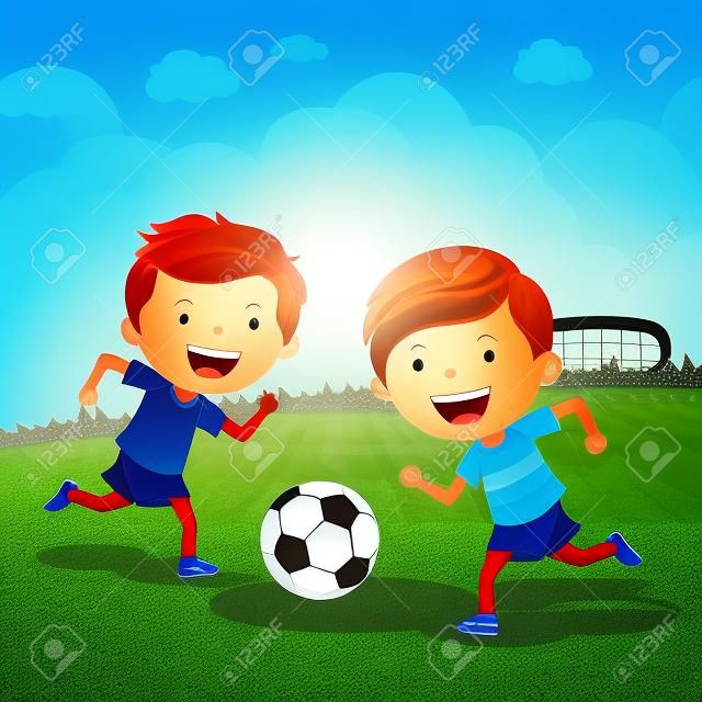 サッカー少年。少年スポーツ フィールドでサッカーをプレーします。サッカー選手。
