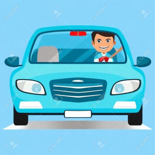 Młody człowiek jazdy niebieski samochód. Ilustracja wektorowa wesoły mężczyzna jazdy na na białym tle.